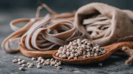 A beautiful arrangement featuring dried pasta strips and grains on a wooden spoon, complemented by a burlap sack, perfect for culinary themes and healthy recipes.の素材