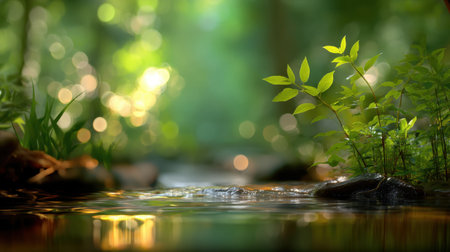 A serene scene featuring a tranquil stream flowing through a vibrant forest, highlighted by soft light and lush greenery, creating a peaceful atmosphere.の素材