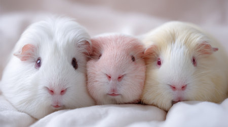 This charming image features three adorable guinea pigs of different colors snuggling together on a soft blanket, radiating warmth and companionship.の素材
