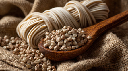 Explore the beauty of raw buckwheat groats and fresh noodles displayed on a rustic linen backdrop, perfect for culinary inspiration.の素材