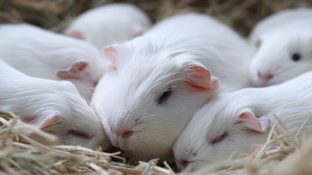 A delightful scene of white guinea pigs resting together in a soft hay nest, highlighting their cuddly nature and peaceful friendship.の素材