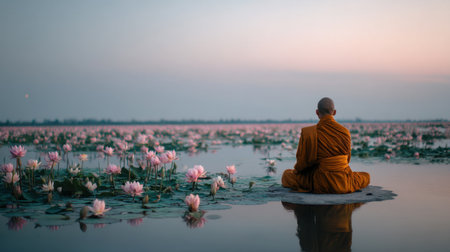 A monk sits in meditation in a tranquil lotus flower pond at sunset, surrounded by vibrant blossoms reflecting on the waterの素材