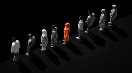 A visually striking composition showcasing a line of individuals in a dark environment, highlighting themes of isolation and individuality through contrasting attire and shadows.の素材