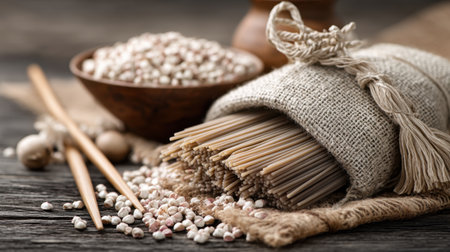 A beautiful arrangement of natural cooking ingredients, featuring noodles and grains in a rustic kitchen setting. Perfect for health-focused cooking themes.の素材