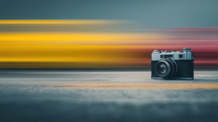 A vintage camera sits confidently in the foreground while vibrant motion blur swirls in the background, embodying the spirit of photography.の素材