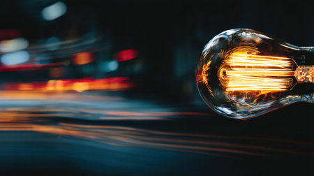 A stunning close-up of a vintage light bulb glowing against a dynamic background of colorful light trails, creating a captivating night scene.の素材