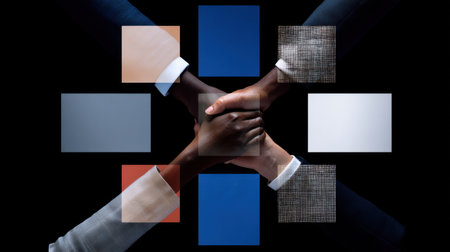 This powerful image features diverse hands coming together against a black background, symbolizing unity and collaboration. Geometric shapes enhance the theme of connectivity and teamwork.の素材