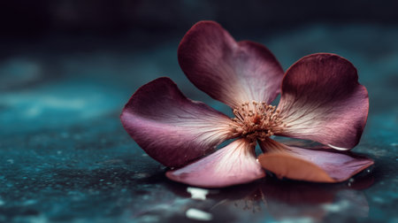 A beautiful closeup of a single purple flower petal resting on a tranquil water surface, embodying peace and elegance in nature's artistry.の素材