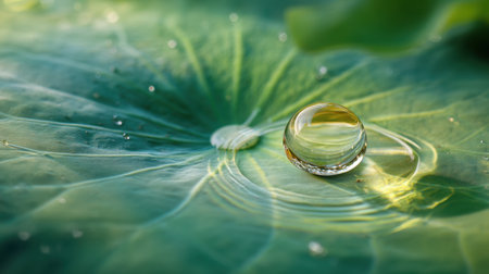 A stunning close-up of a water droplet resting on a green leaf, capturing the intricacies of nature with reflections and serene details.の素材