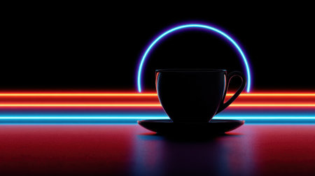 A striking silhouette of a coffee cup rests on a glossy surface, framed by glowing neon lights that create a modern and vibrant atmosphere.の素材
