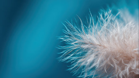 This image features a delicate soft feather against a light blue background. The ethereal feel and fine details evoke calmness and elegance, perfect for nature and texture themes.の素材