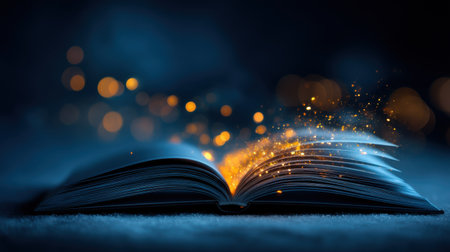 This captivating image features an open book radiating magical lights and sparkles against a dark background, inviting readers into a world of imagination.の素材