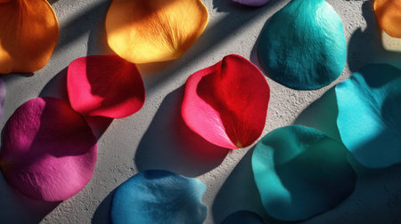 A stunning display of colorful petals arranged on a textured surface, showcasing a blend of vibrant hues and soft shadows, perfect for floral themes.の素材