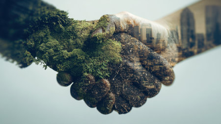 A powerful image of two hands shaking, intertwined with nature and urban elements, symbolizing commitment to sustainability and cooperation.の素材