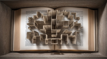 This captivating image features a three-dimensional paper sculpture that bursts from an open book, showcasing artistic creativity and innovation.の素材