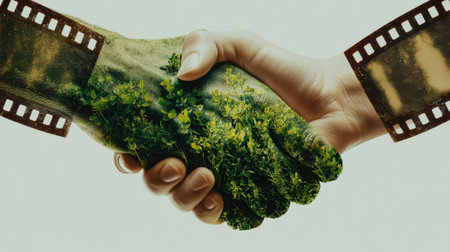 Two hands shake, one infused with lush greenery, symbolizing harmony between humanity and nature, and a commitment to sustainability and collaboration.の素材