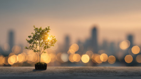 A small tree in a pot captures the golden light of sunset, creating a peaceful and inspiring scene against a blurred city skyline.の素材