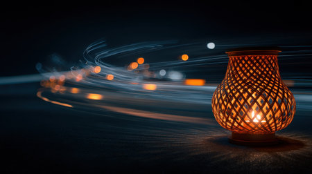 This stunning image features a beautifully crafted lantern radiating a warm glow in a dark environment, enriched by flowing light trails.の素材