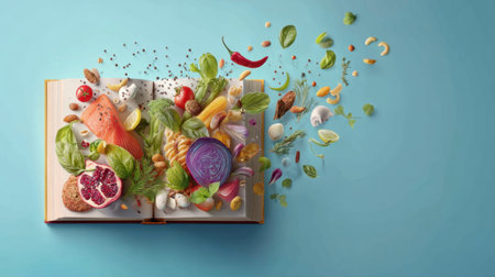 This imaginative stock photo showcases an open book spilling vibrant fresh ingredients like vegetables, fruits, and nuts, embodying the joy of cooking and healthy eating.の素材