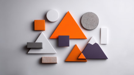 This visually striking composition showcases an array of geometric shapes in bold colors and various textures against a soft background, perfect for artistic design projects.の素材