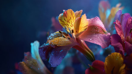 A stunning close-up view of alstroemeria flowers covered in dew drops, showcasing vibrant colors and delicate petals in a soft-focused backdrop.の素材