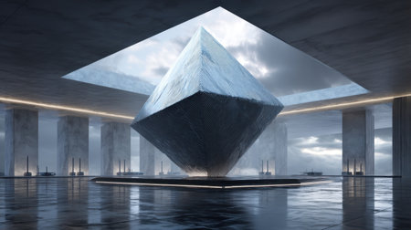 This striking image captures a unique geometric sculpture set in a minimalist interior, accentuated by soft lighting and reflective surfaces.の素材