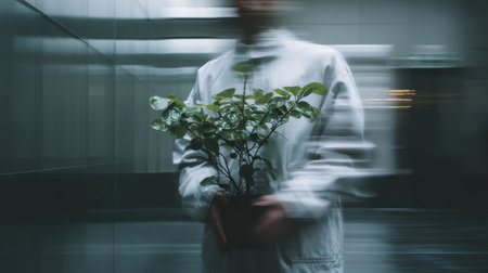 A person gently cradles a small houseplant, embodying a serene connection to nature within a modern indoor space, captured with a motion blur effect.の素材
