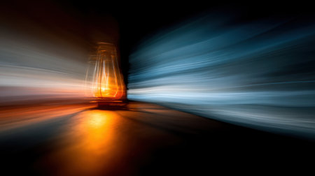 An artistic depiction of a glowing glass lantern set against a dark backdrop, showcasing dynamic motion blurs that interplay with warm and cool light shades.の素材