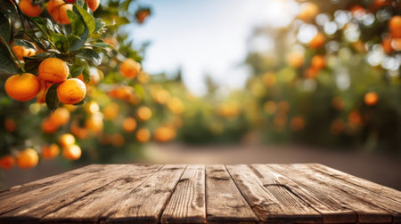 A scenic view of a fresh orange orchard featuring a rustic wooden table in the foreground, showcasing vibrant oranges in a sunlit background.の素材
