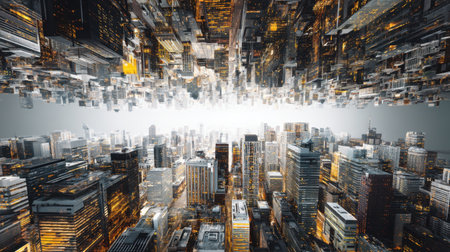 Explore a stunning aerial view of a vibrant urban cityscape filled with skyscrapers and illuminated buildings that reflect modern life.の素材