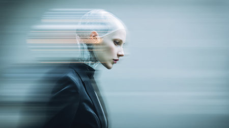 This striking image features a futuristic portrait of a woman captured in motion against an abstract background, highlighting elegance and beauty.の素材