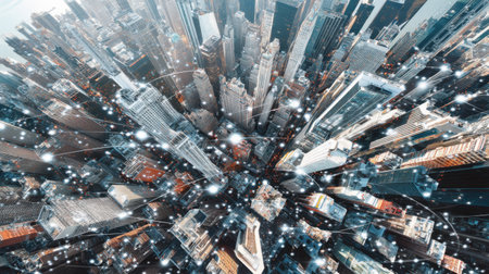 Stunning aerial perspective of a bustling urban skyline, featuring skyscrapers with digital connections that illustrate modern technology and data flow.の素材