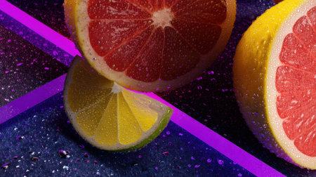 This vibrant image showcases fresh citrus fruits, including lemon, lime, and grapefruit, on a colorful surface with water droplets. Ideal for food and lifestyle themes.の素材