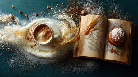 Capture the essence of a cozy morning with a delightful setup featuring coffee, a book, and a sweet donut, creating a warm atmosphere.の素材