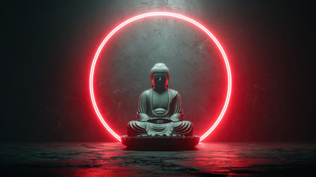A striking Buddha statue sits in stillness, encircled by a vibrant red neon light, creating an atmosphere of tranquility and reflection.の素材