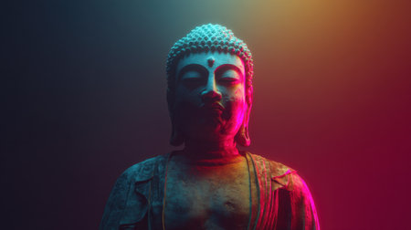 This stunning Buddha statue radiates serenity with vibrant glowing colors set against a dark backdrop, symbolizing tranquility and peace.の素材