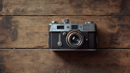 A vintage film camera beautifully placed on a rustic wooden surface, showcasing intricate details and artistic essence with natural lighting.の素材
