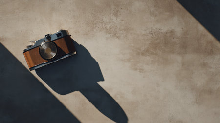 A vintage camera rests on a textured surface, casting dramatic shadows that highlight the charm of photography and creativity. Perfect for artistic themes.の素材