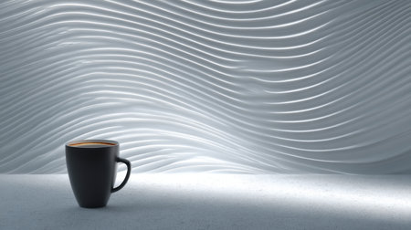 A sleek black coffee cup sits elegantly against a softly lit textured wall with wave patterns, creating a modern and serene atmosphere ideal for relaxation.の素材