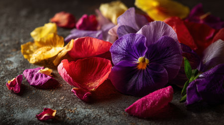 A captivating display of colorful flower petals artfully arranged on a rough surface, perfect for various creative projects and decorations.の素材