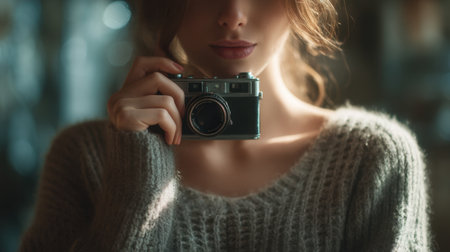A young woman poses with a vintage camera, embodying the art of photography. Soft natural light highlights her features, creating an intimate and warm atmosphere.の素材