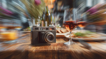 A vintage camera rests on a wooden table beside a glass of wine, creating a warm atmosphere in a lively restaurant setting.の素材