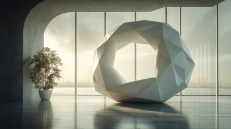 A stunning geometric sculpture stands prominently in a bright interior space, bathed in natural light. This artwork enhances the ambiance with its artistic design and smooth textures.の素材
