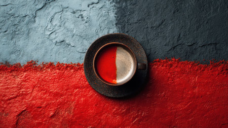 A creative arrangement featuring a coffee cup on a textured backdrop, highlighting vibrant color contrasts and artistic flair in beverage presentation.の素材