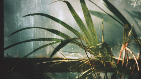 Captivating image of vibrant green leaves from a tropical plant seen through a soft-filtered window, creating a tranquil atmosphere.の素材
