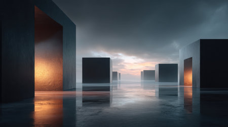 This captivating abstract landscape features geometric cubes set against a tranquil water surface under a dramatic dusk sky. Ethereal light reflections add an air of mystery and creativity.の素材