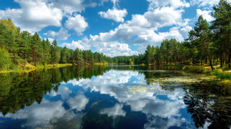 A serene forest landscape showcasing a calm lake with stunning reflections of vibrant trees and fluffy clouds under a bright blue sky.の素材