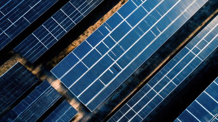 This aerial image showcases rows of solar panels in a renewable energy farm, highlighting technology's role in harnessing solar power for a sustainable future.の素材