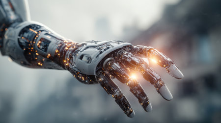 A close-up view of a futuristic robotic hand showcasing intricate designs and glowing elements, representing the blend of technology and artistry.の素材