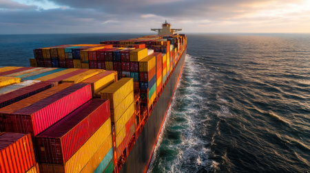 A vibrant container ship navigates through tranquil waters at sunset, showcasing rows of colorful cargo boxes against a scenic backdrop.の素材